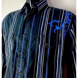 Wrangler Authentic Western Shirt Pearl Snap Striped L/S Sewn Accent Sz L Cowboy